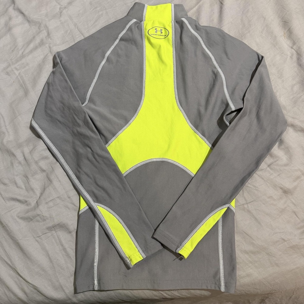 Under Armour ColdGear Shirt Mens M Gray Yellow Mock Neck Compression Base Layer